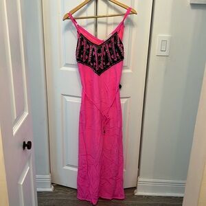 REVOLVE Karina Grimaldi neon hot pink silver black beaded 100% silk maxi dress